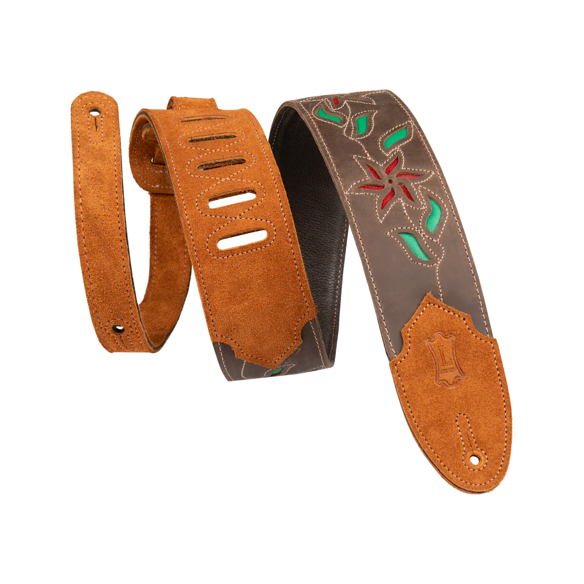 Levy's Leathers M4FV-DBR_RED Brown Leather Red Flowers and Green Leaves Guitar Strap