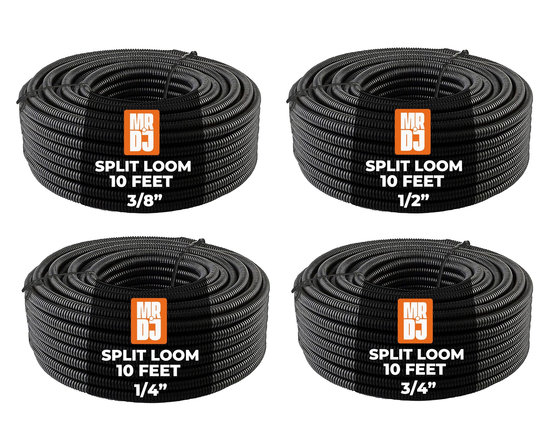 MR DJ 4-Pack 1/4", 3/8", 1/2", 3/4" x 10 Feet Each Split Wire Loom Convoluted Tubing