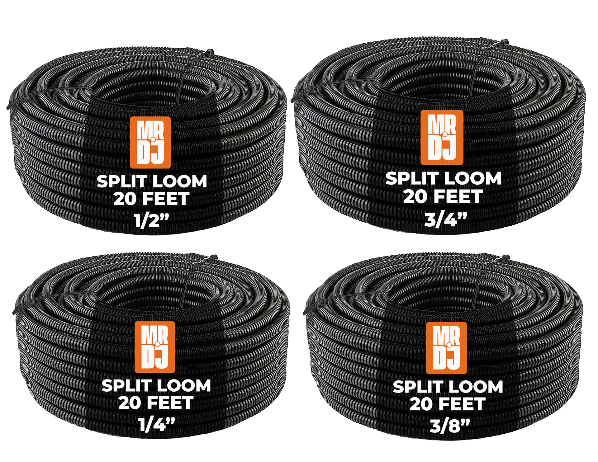 MR DJ 4-Pack 1/4", 3/8", 1/2", 3/4" x 20 Feet Each Split Wire Loom Convoluted Tubing
