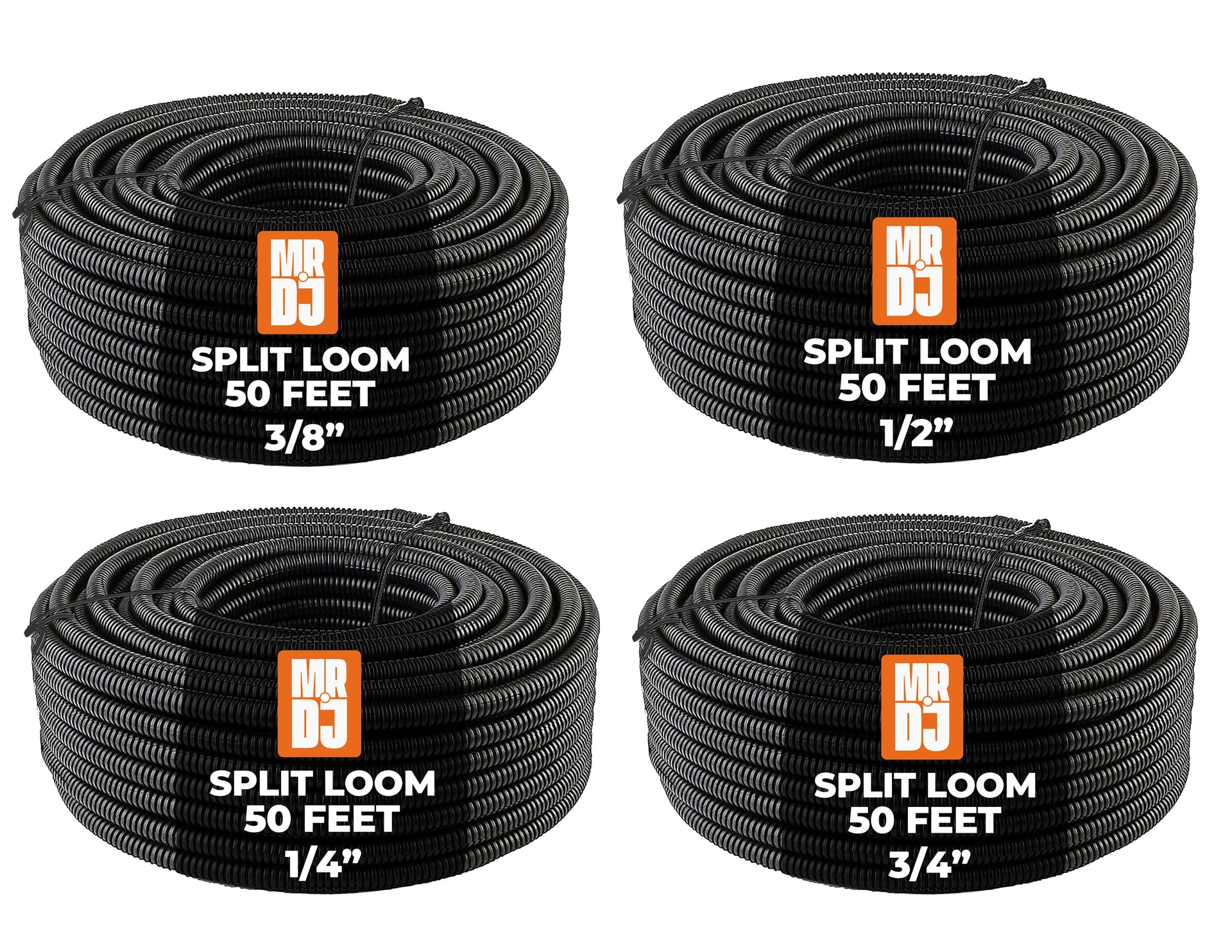 MR DJ 4-Pack 1/4", 3/8", 1/2", 3/4" x 50 Feet Each Split Wire Loom Convoluted Tubing