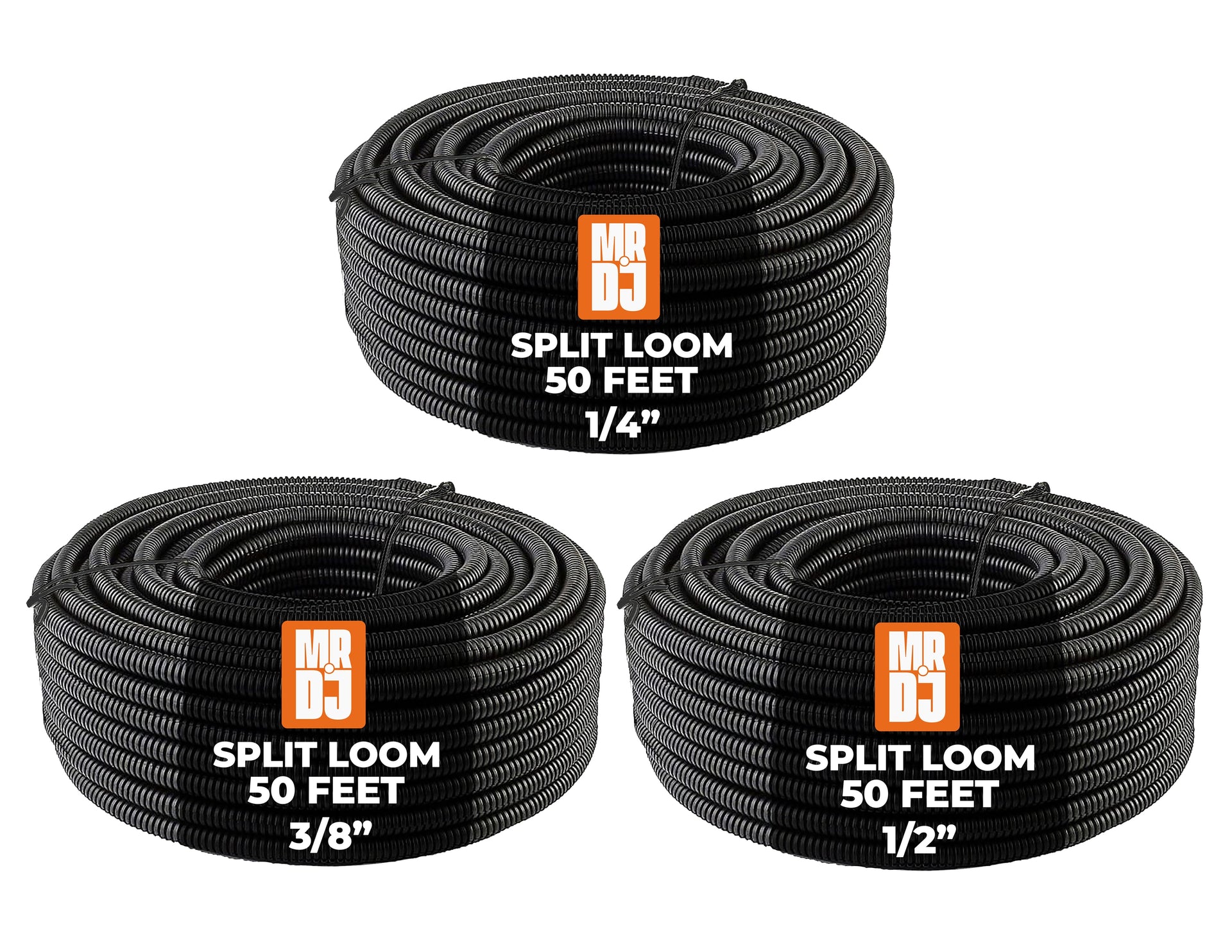 MR DJ 3-Pack 1/4", 3/8", 1/2" x 50 Feet Each Split Wire Loom Convoluted Tubing