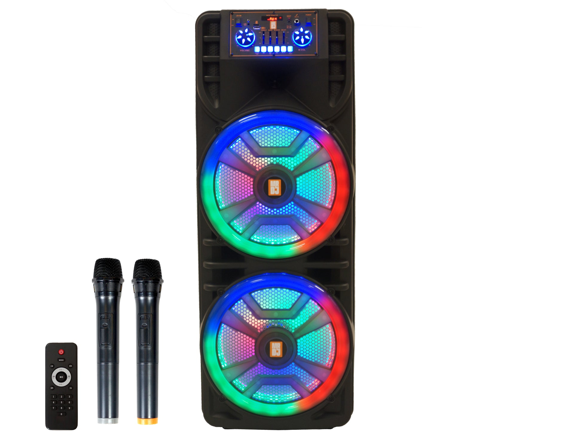 MR DJ NEWYORK 2.0 Dual 12" Rechargeable Portable Bluetooth Karaoke Speaker Party Flame Lights 2 Wireless Microphone,  TWS USB FM Radio