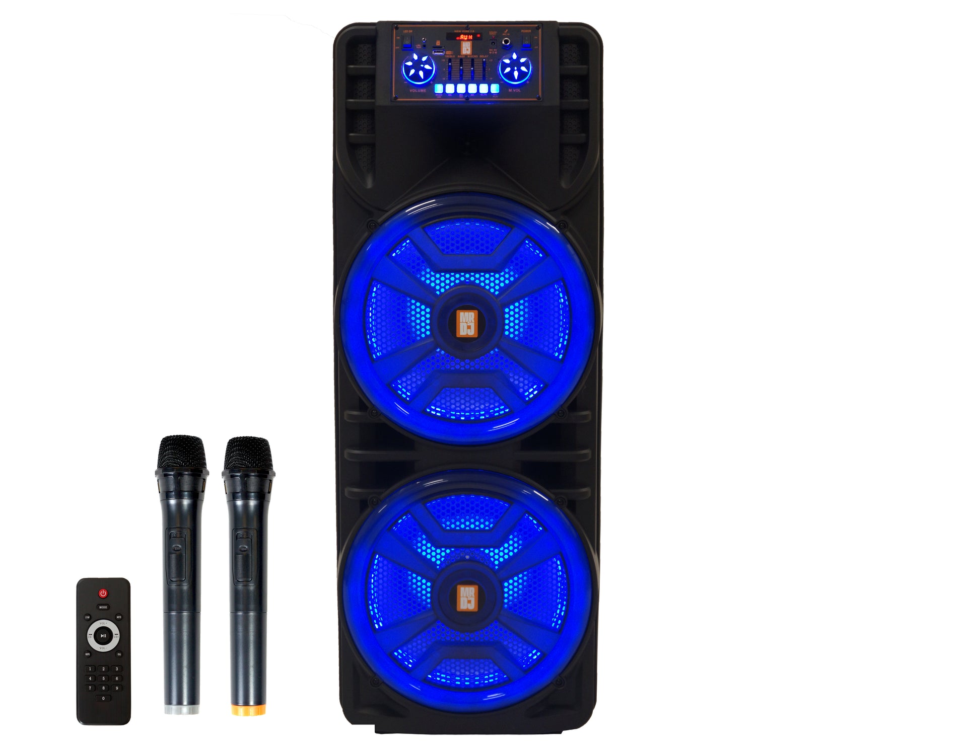 MR DJ NEWYORK 2.0 Dual 12" Rechargeable Portable Bluetooth Karaoke Speaker Party Flame Lights 2 Wireless Microphone,  TWS USB FM Radio