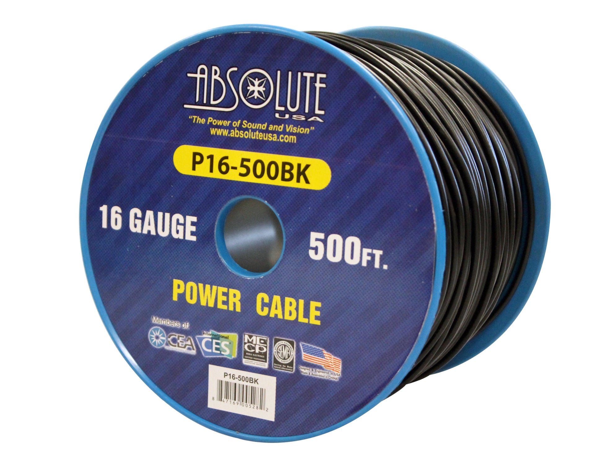 Absolute USA P16-500BK 16 Gauge 500FT Primary Power & Remote Wire – Black