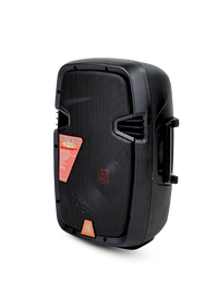 Black portable speaker with a visible brand label on a white background