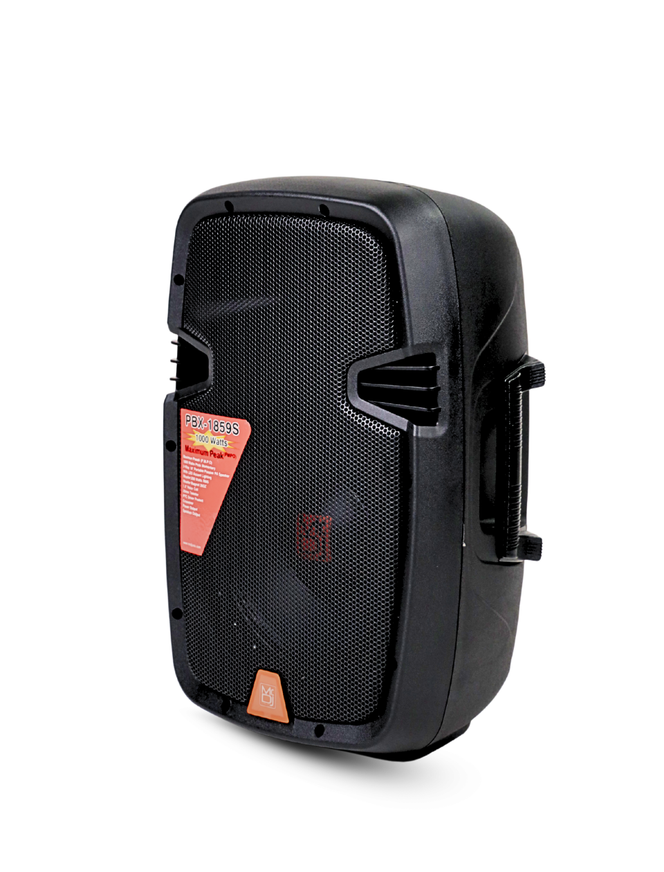 Black portable speaker with a visible brand label on a white background