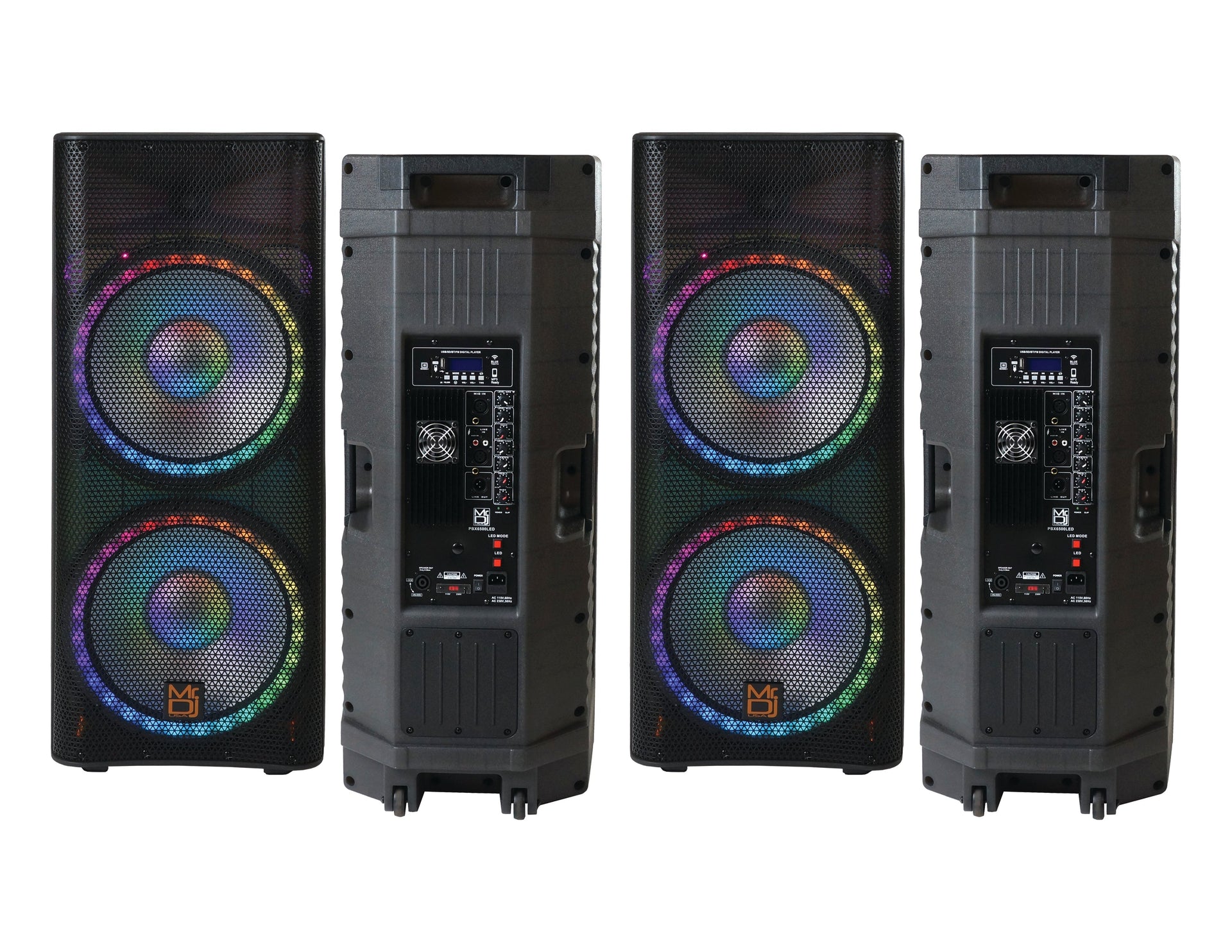 2 MR DJ PBX6500LED Professional Dual 15" 3-Way Full-Range Powered/Active DJ PA Multipurpose Live Sound Bluetooth Loudspeaker