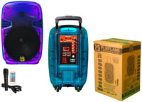 2 MR DJ PL12FLAME 12" Portable Translucent Bluetooth Speaker with remote and packaging, perfect for audio on the go.
