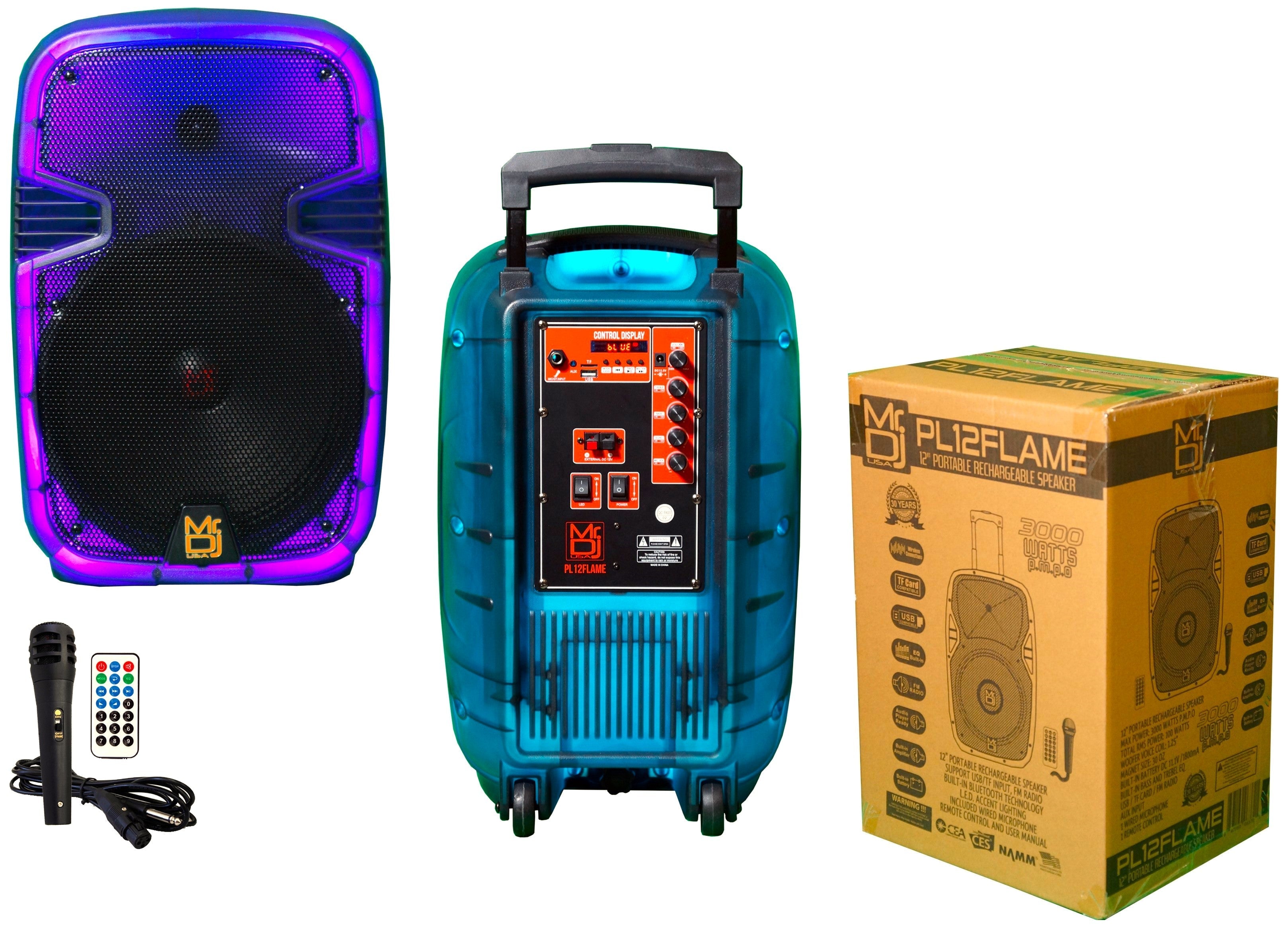 2 MR DJ PL12FLAME 12" Portable Translucent Bluetooth Speaker with remote and packaging, perfect for audio on the go.