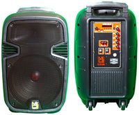 2 MR DJ PL12FLAME 12" Portable Translucent Bluetooth Speaker with trolley, front and back view.