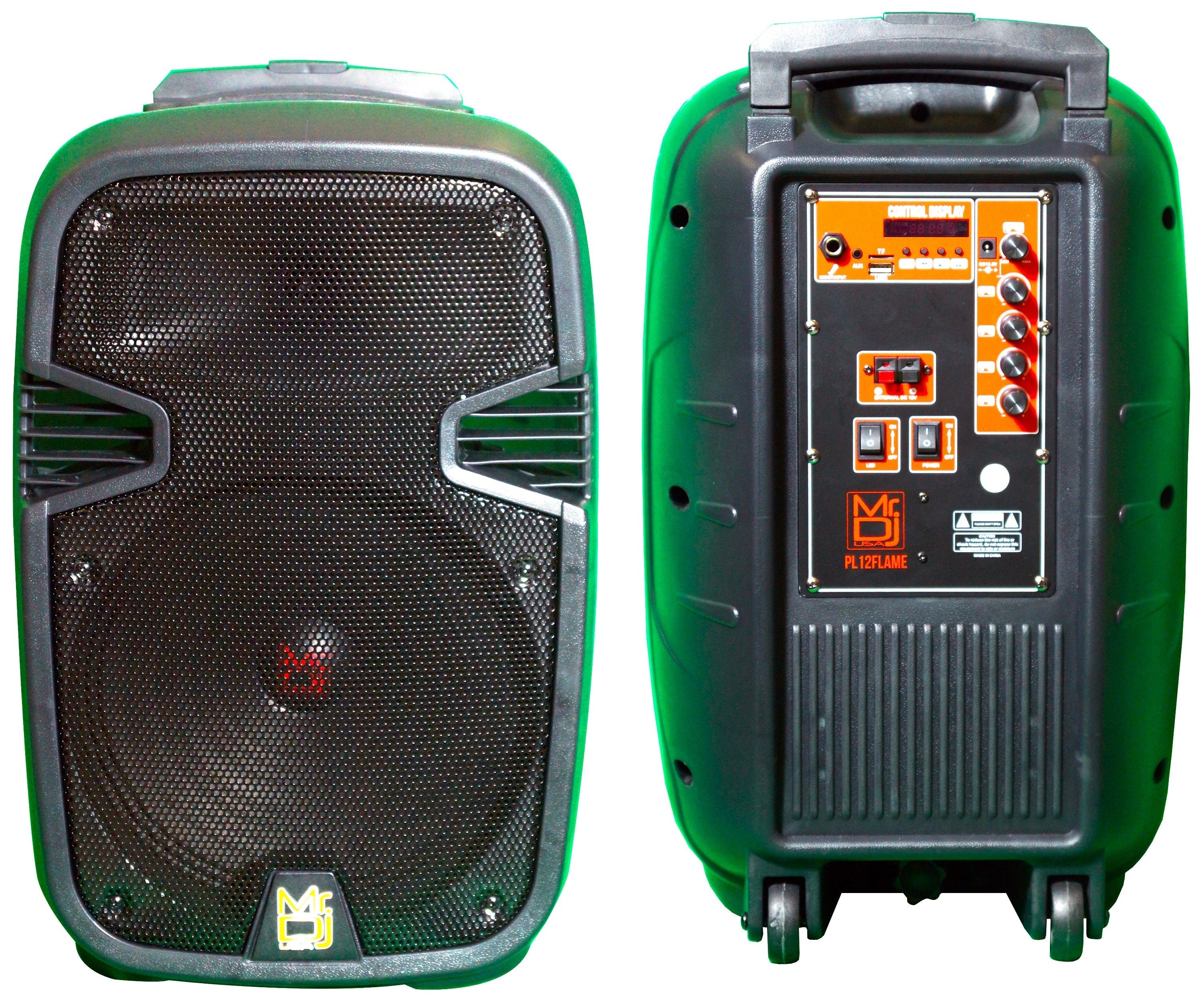 2 MR DJ PL12FLAME 12" Portable Translucent Bluetooth Speaker with trolley, front and back view.