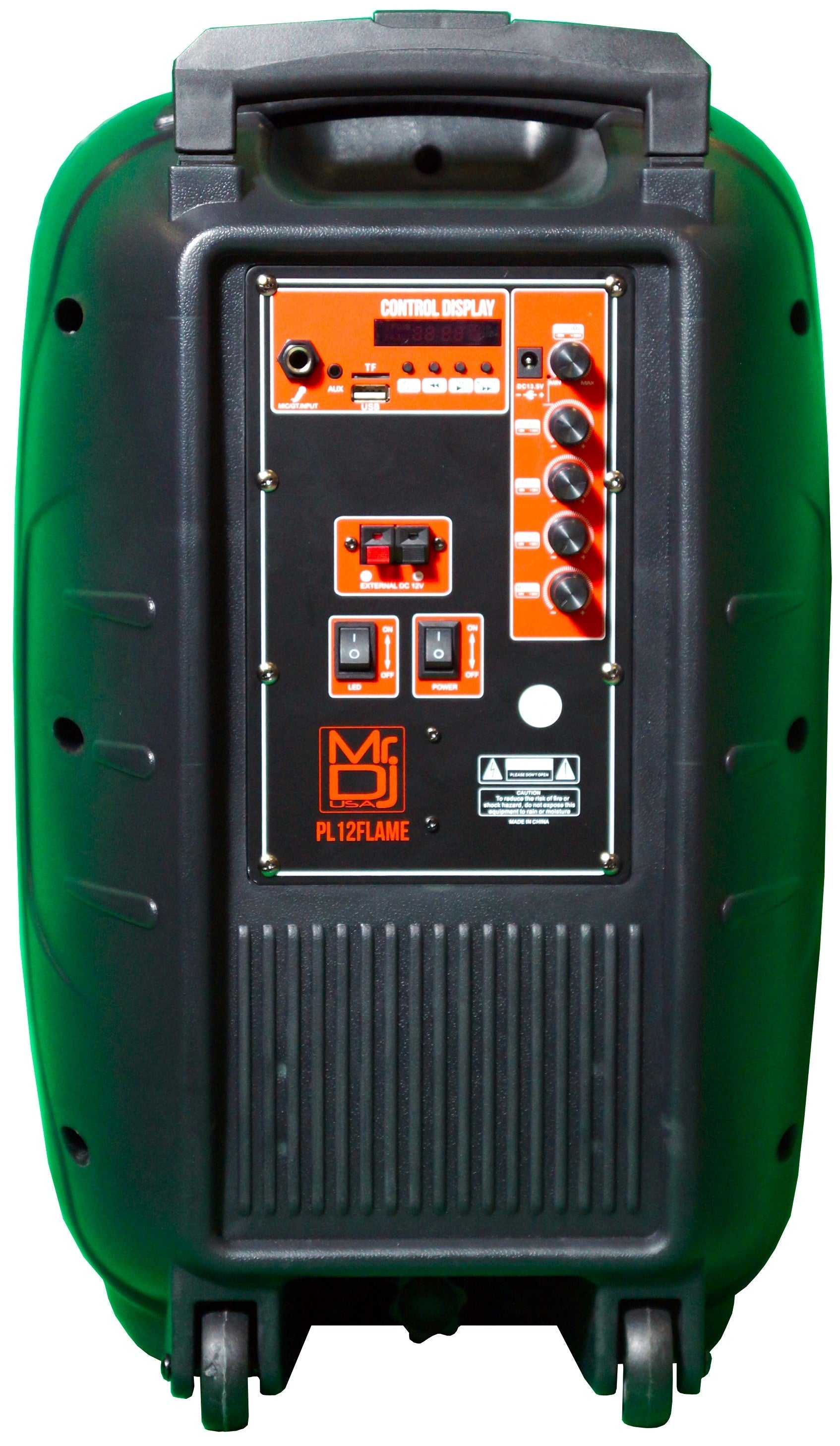 Back view of 2 MR DJ PL12FLAME 12" Portable Translucent Bluetooth Speaker with control display and knobs.