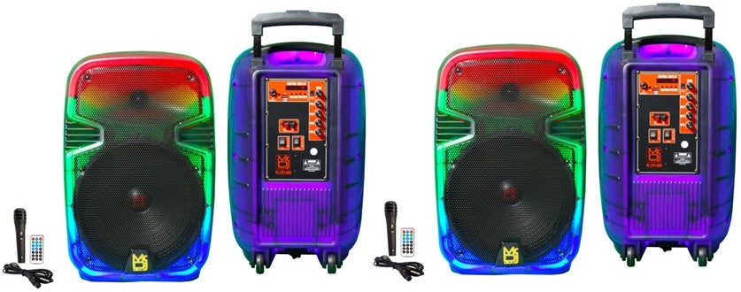 2 MR DJ PL12FLAME 12" Portable Translucent Bluetooth Speaker with RGB lights and remote control.
