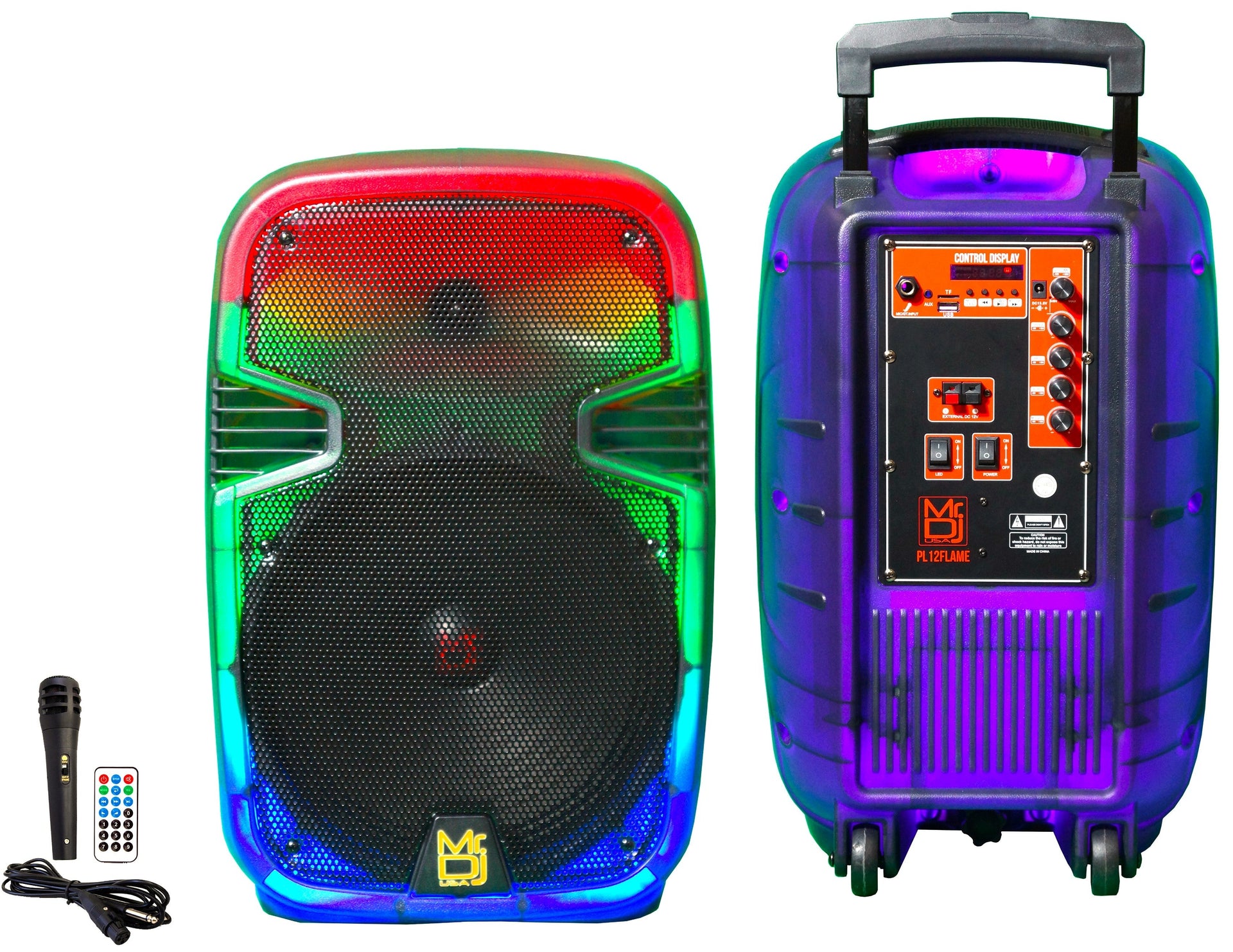 2 MR DJ PL12FLAME 12" Portable Translucent Bluetooth Speaker with colorful lights and remote control.