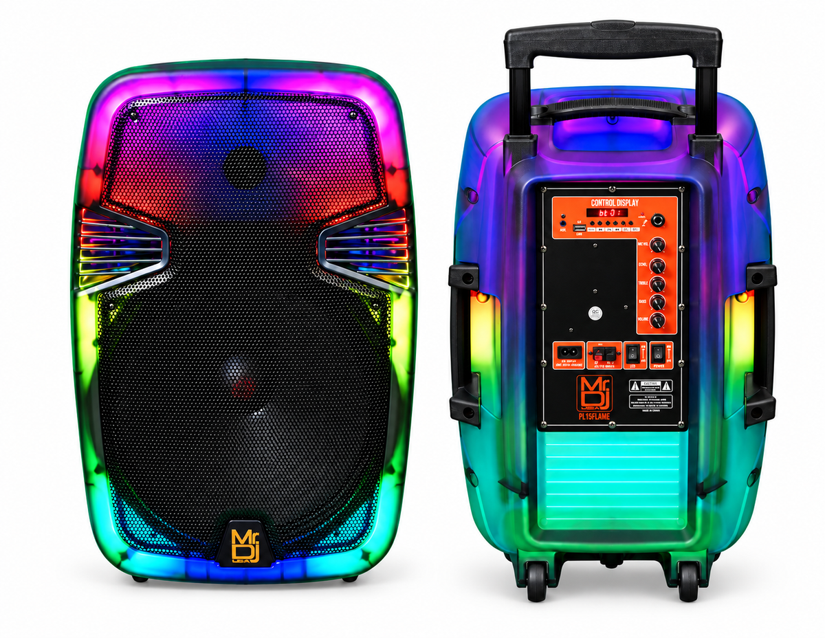 MR DJ PL15FLAME 15" Portable Translucent Bluetooth Speaker + Speaker Stand + 18-LED Moving Head DJ Light