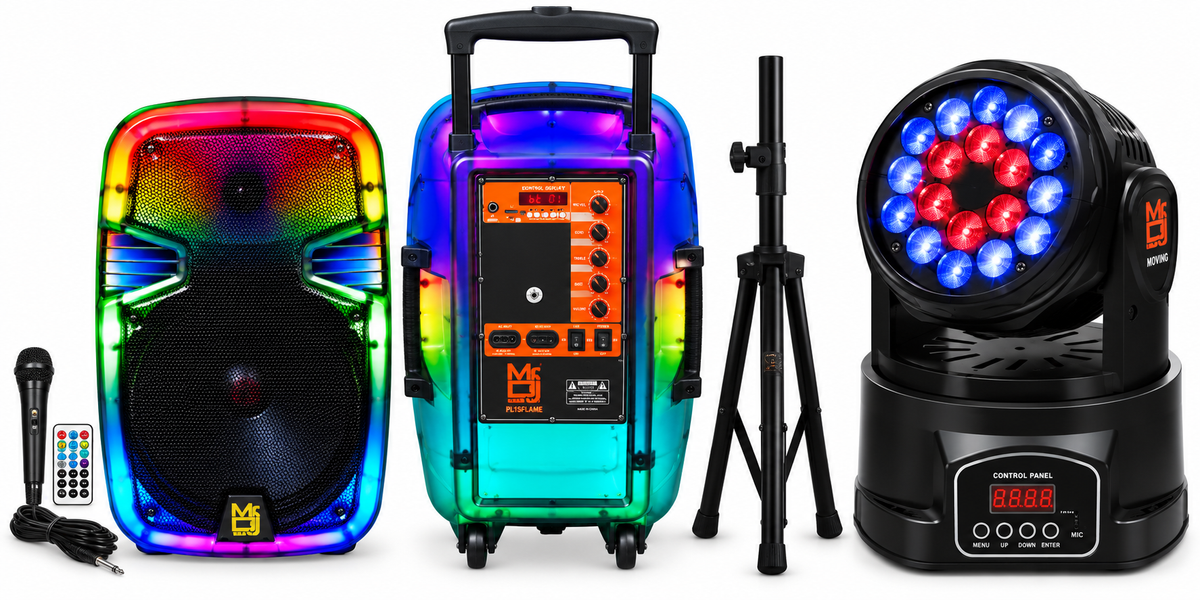 MR DJ PL15FLAME 15" Portable Translucent Bluetooth Speaker + Speaker Stand + 18-LED Moving Head DJ Light