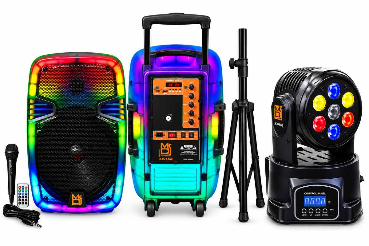 MR DJ PL15FLAME 15" Portable Translucent Bluetooth Speaker + Speaker Stand + 7-LED Moving Head DJ Light
