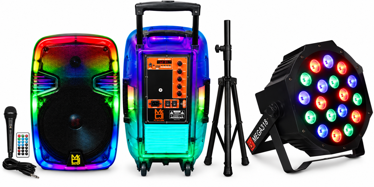 MR DJ PL12FLAME 12" Portable Translucent Bluetooth Speaker + Speaker Stand + 18-LED Slim Par Wash DJ Light