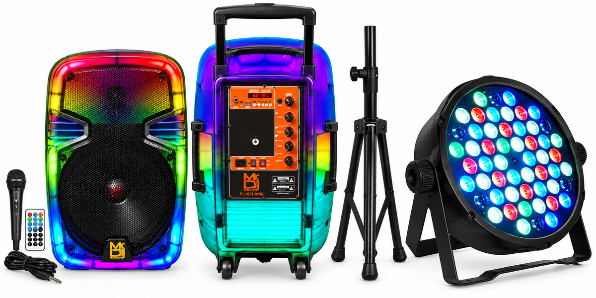 MR DJ PL12FLAME 12" Portable Translucent Bluetooth Speaker + Speaker Stand + 54-LED Slim Par Wash DJ Light