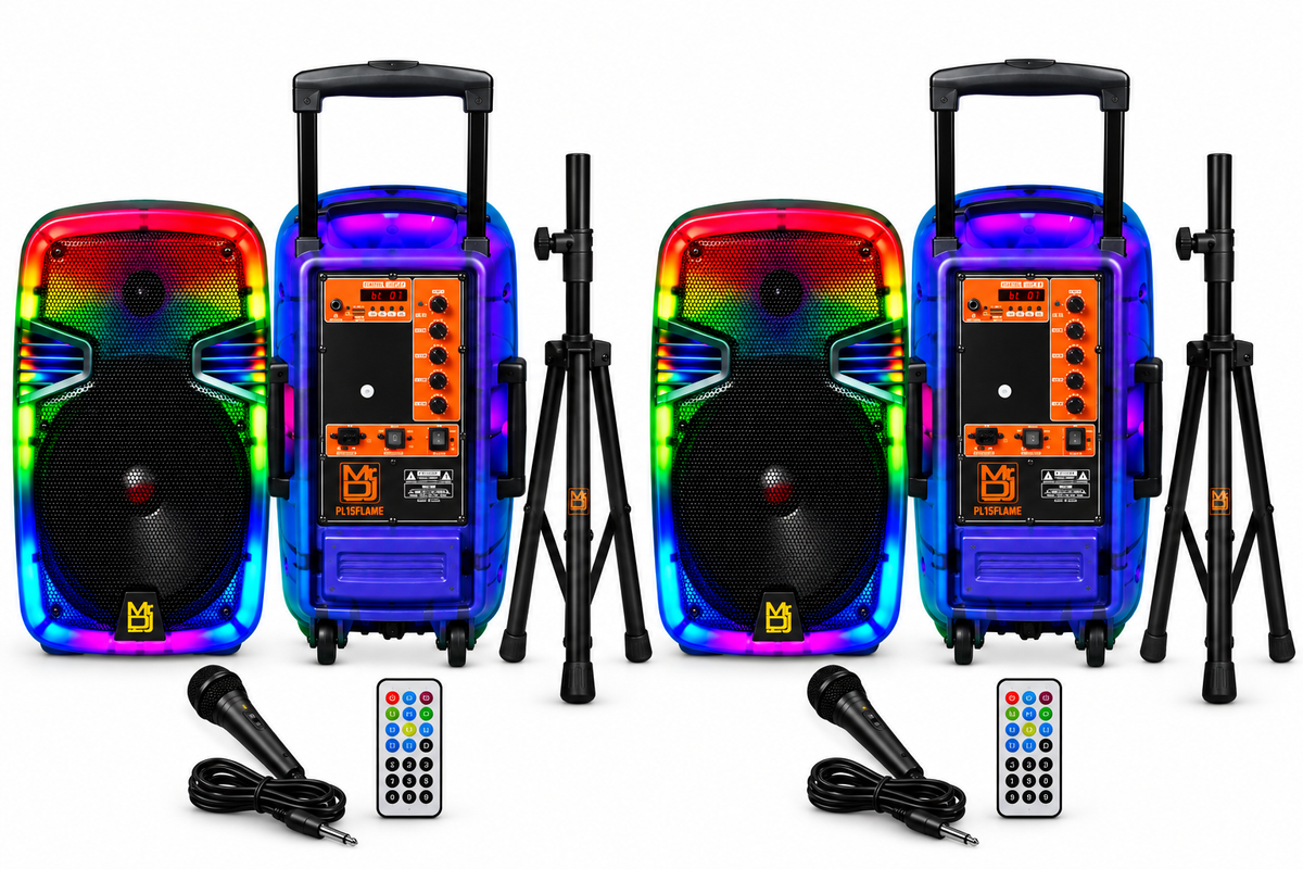 2 MR DJ PL15FLAME 15" Portable Translucent Bluetooth Speaker + Speaker Stand