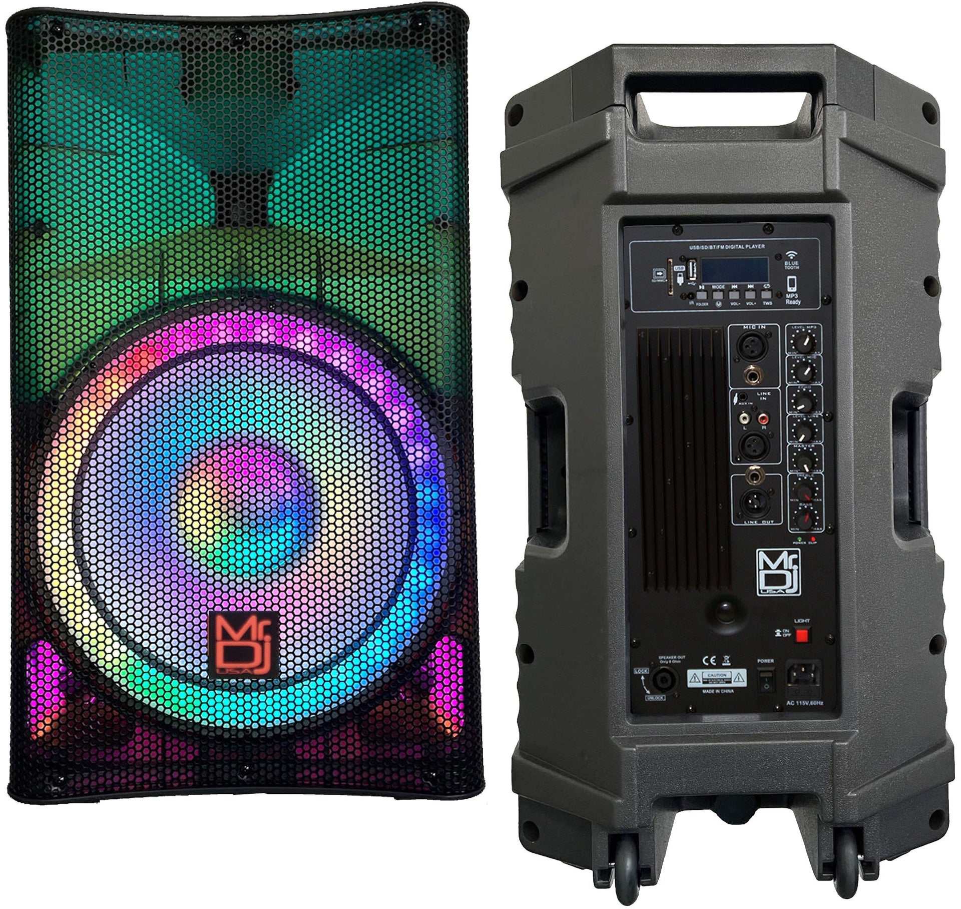 MR DJ PLED5200 PRO PA DJ 15" Portable Active Bluetooth Party Speaker with colorful LED lighting and rear connections.