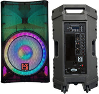 MR DJ PLED5200 PRO PA DJ 15" Portable Active Bluetooth Party Speaker with colorful LED lighting and rear connections.