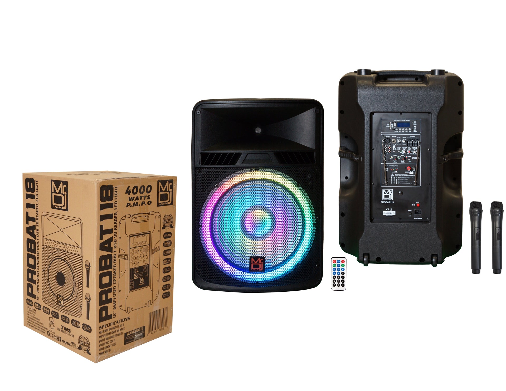 MR DJ PROBAT118 18" 4000W Power Speaker Battery/Bluetooth/Amplifier/SD/USB/FM