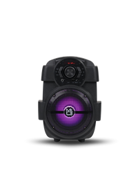 Black portable speaker with purple lighting on a white background