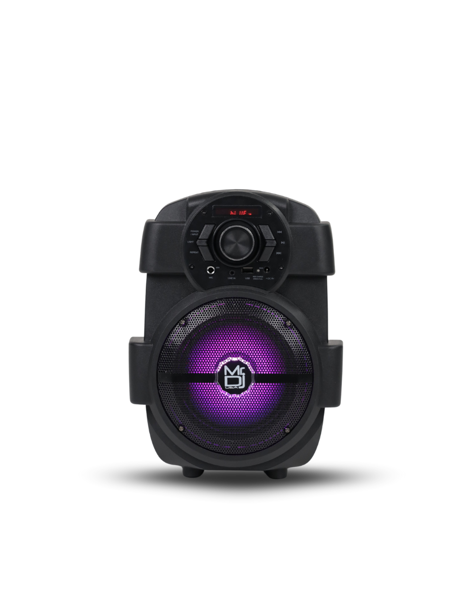 Black portable speaker with purple lighting on a white background