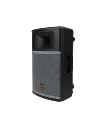 Black speaker with a brand logo on a white background