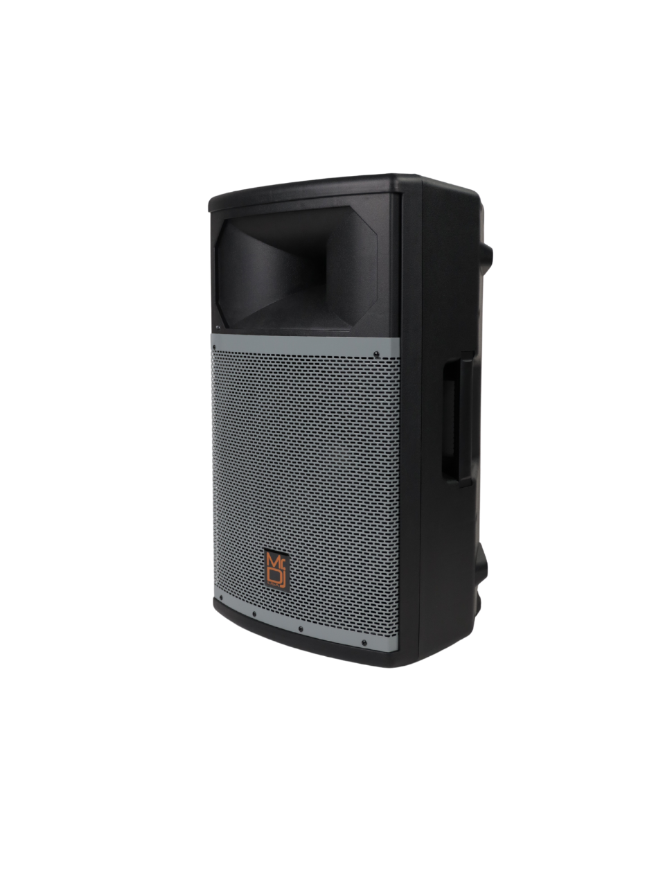 Black speaker with a brand logo on a white background