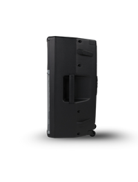 Black rectangular device with a handle on a white background