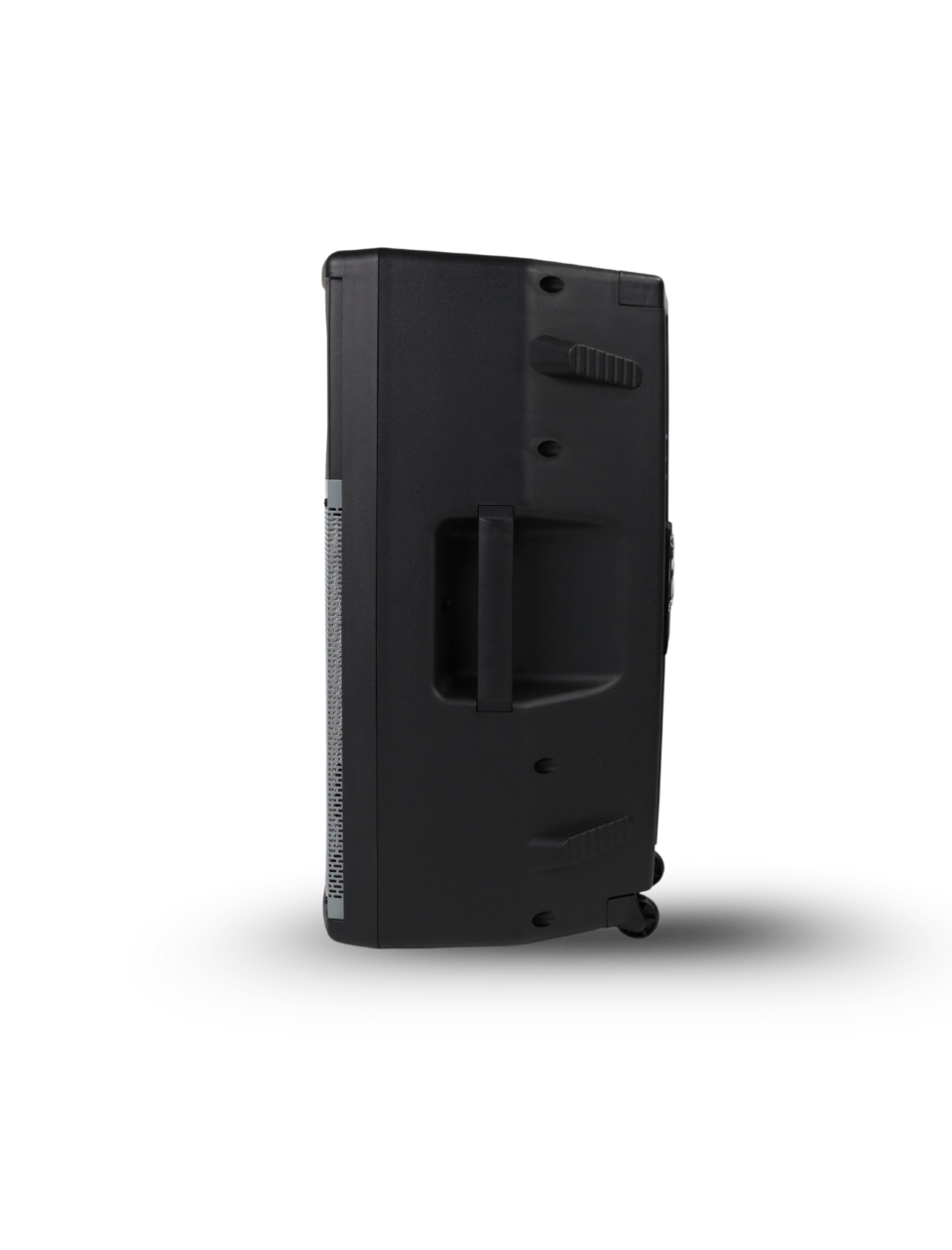 Black rectangular device with a handle on a white background