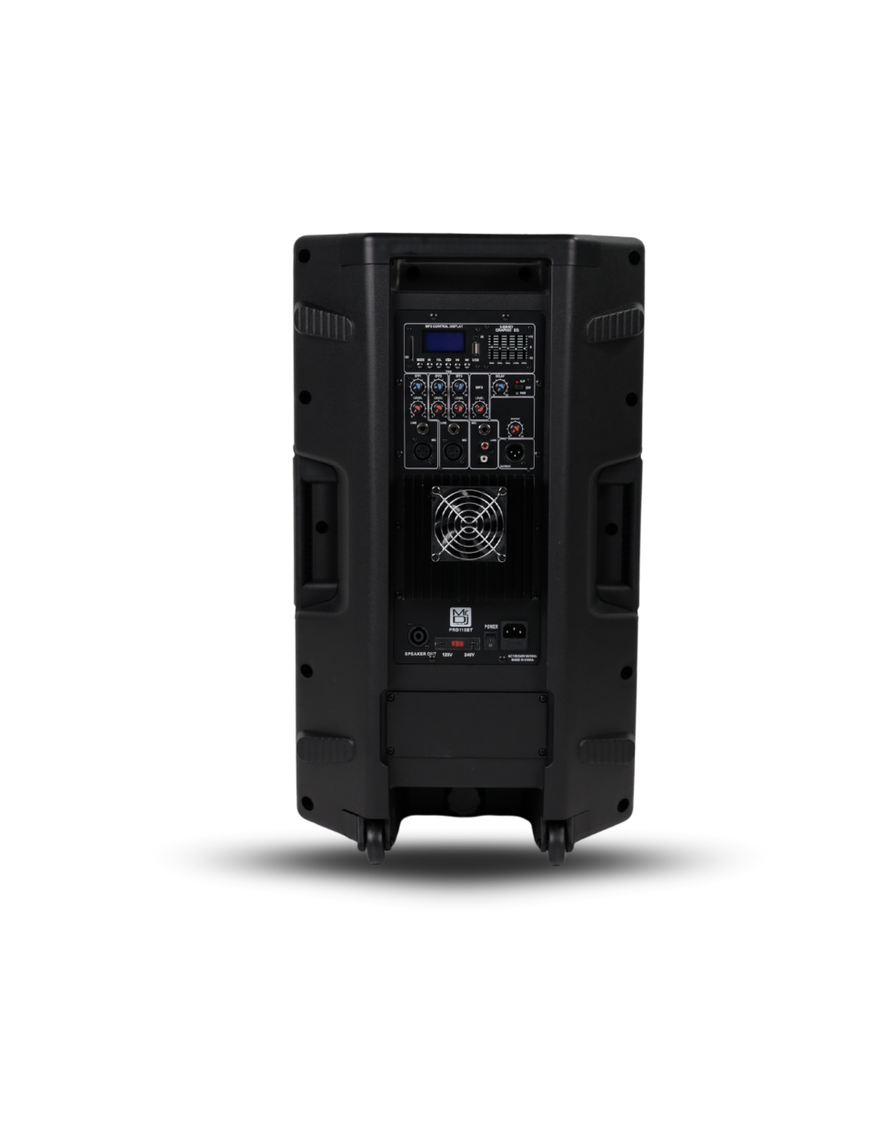 Black portable sound system on a white background