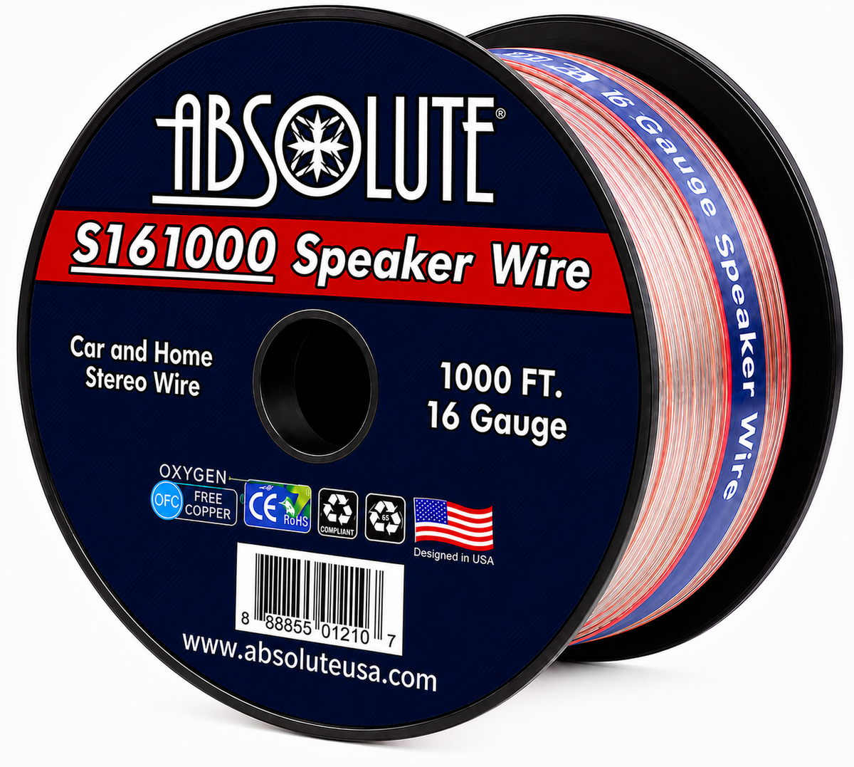 Absolute USA S16G1000 16 Gauge 1000 Feet Clear 2-Conductor Speaker Wire