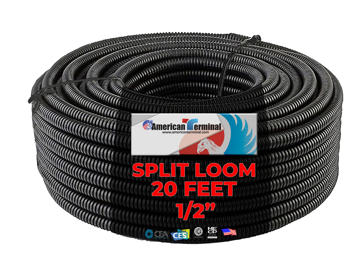 American Terminal  20 Ft. 1/2" Split Wire Loom Conduit Polyethylene Tubing Black