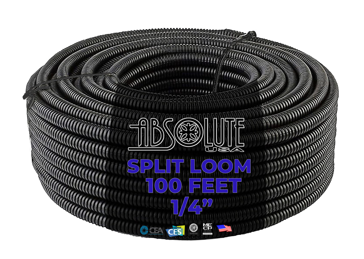 Absolute 3 Rolls 100 Feet Black 1/4" + 3/8" + 1/2" Split Loom Wire w/ Conduit Corrugated Plastic Tubing Sleeve