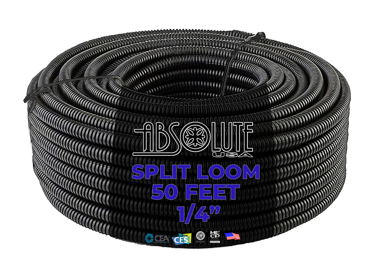 50' Feet 1/4" Black Split Loom Wire Flexible Tubing Wire Cover