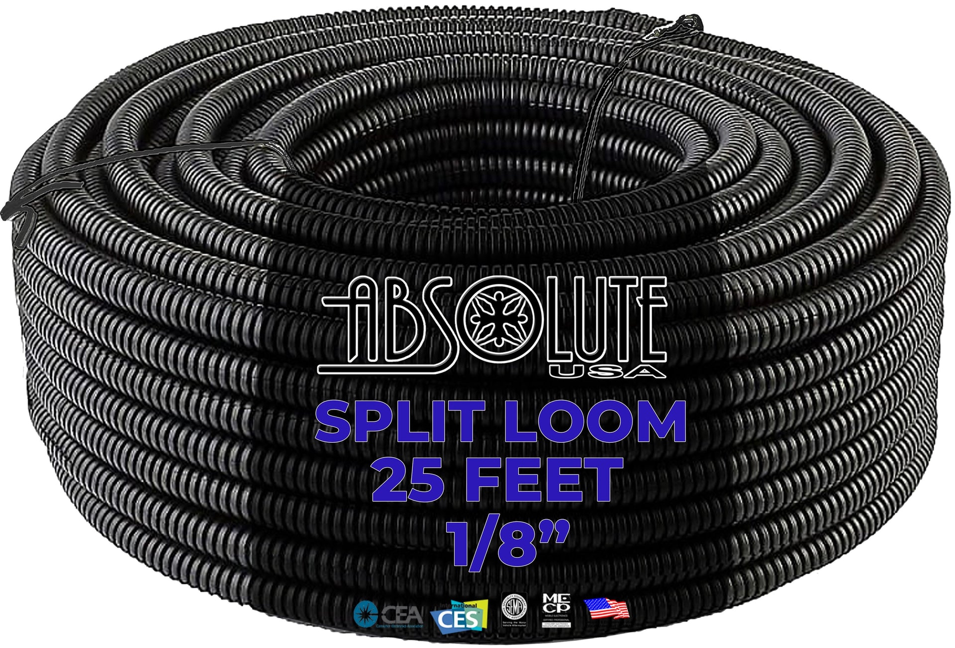 Absolute SLT18BK 25' 1/8" 3.18mm Black Split Wire Loom Conduit Tubing Sleeve Tube