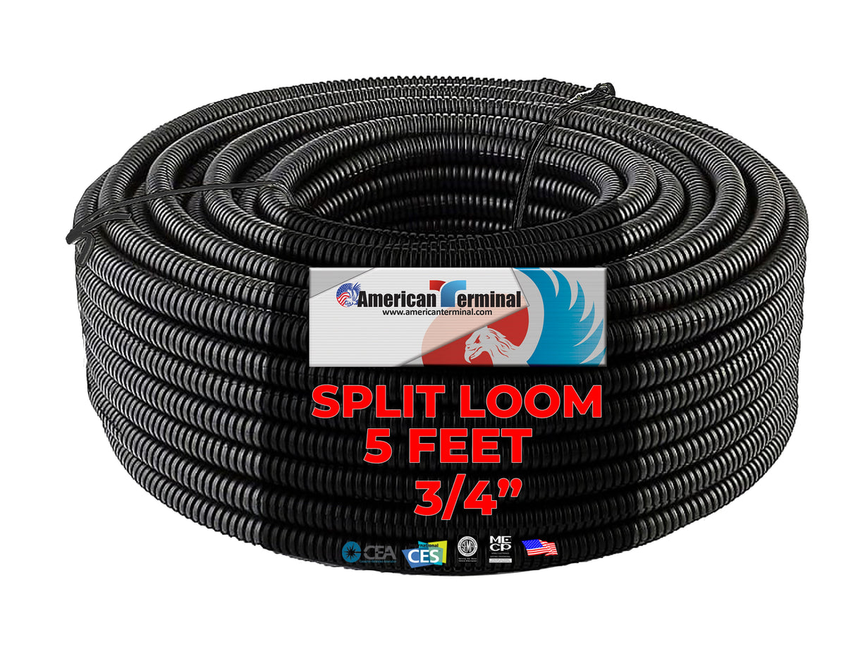American Terminal  5' 3/4" Split Wire Loom Conduit Polyethylene Tubing Black Color Sleeve Tube