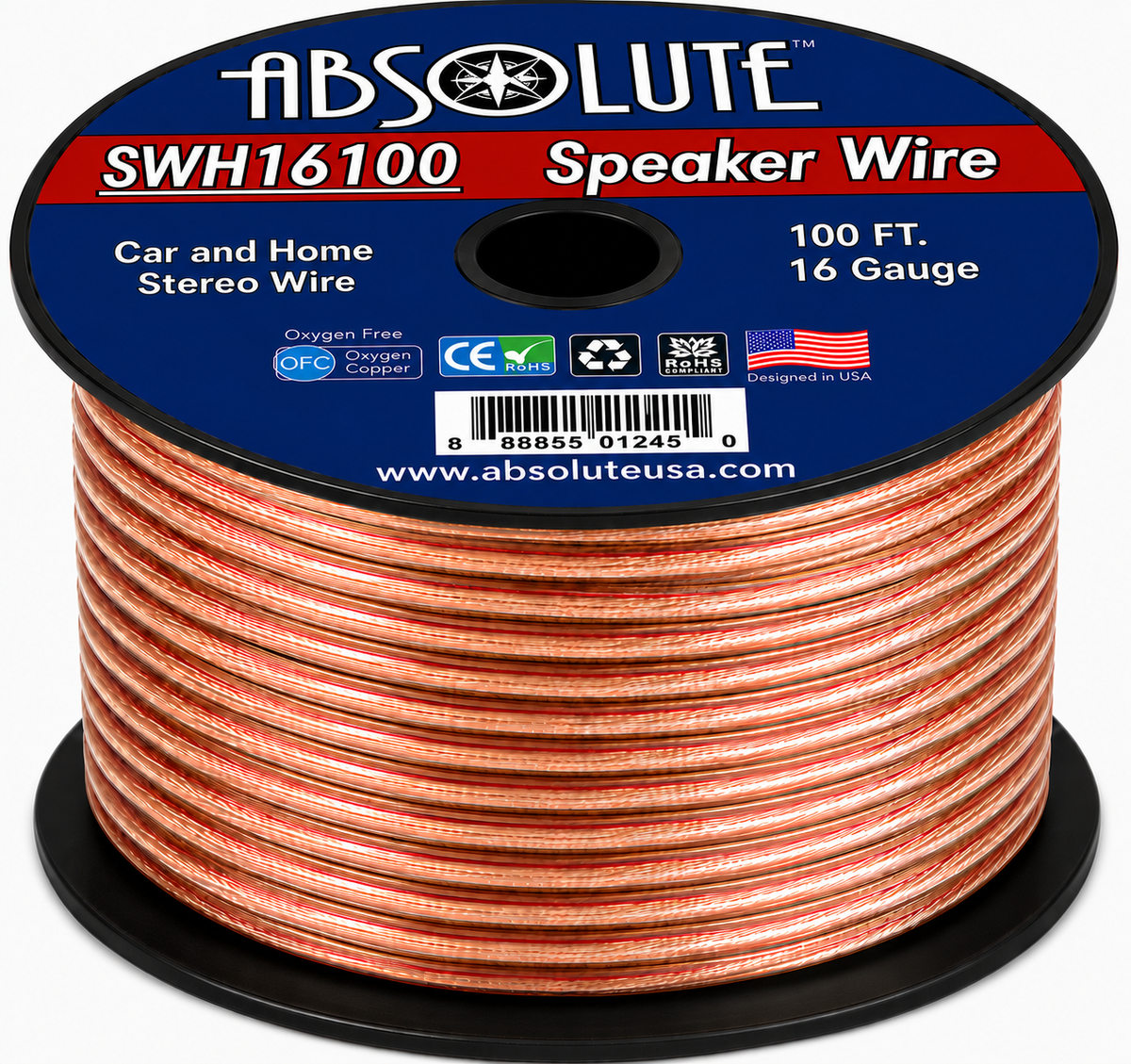 Absolute SWH16100 100' 16 Gauge Car Home Audio Speaker Wire Cable Spool
