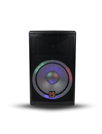 Black speaker with colorful LED lighting on a white background