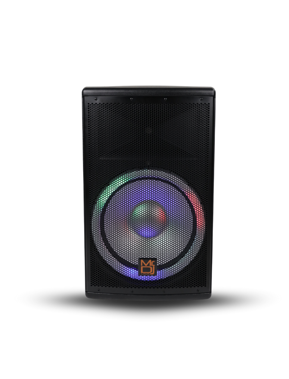Black speaker with colorful LED lighting on a white background