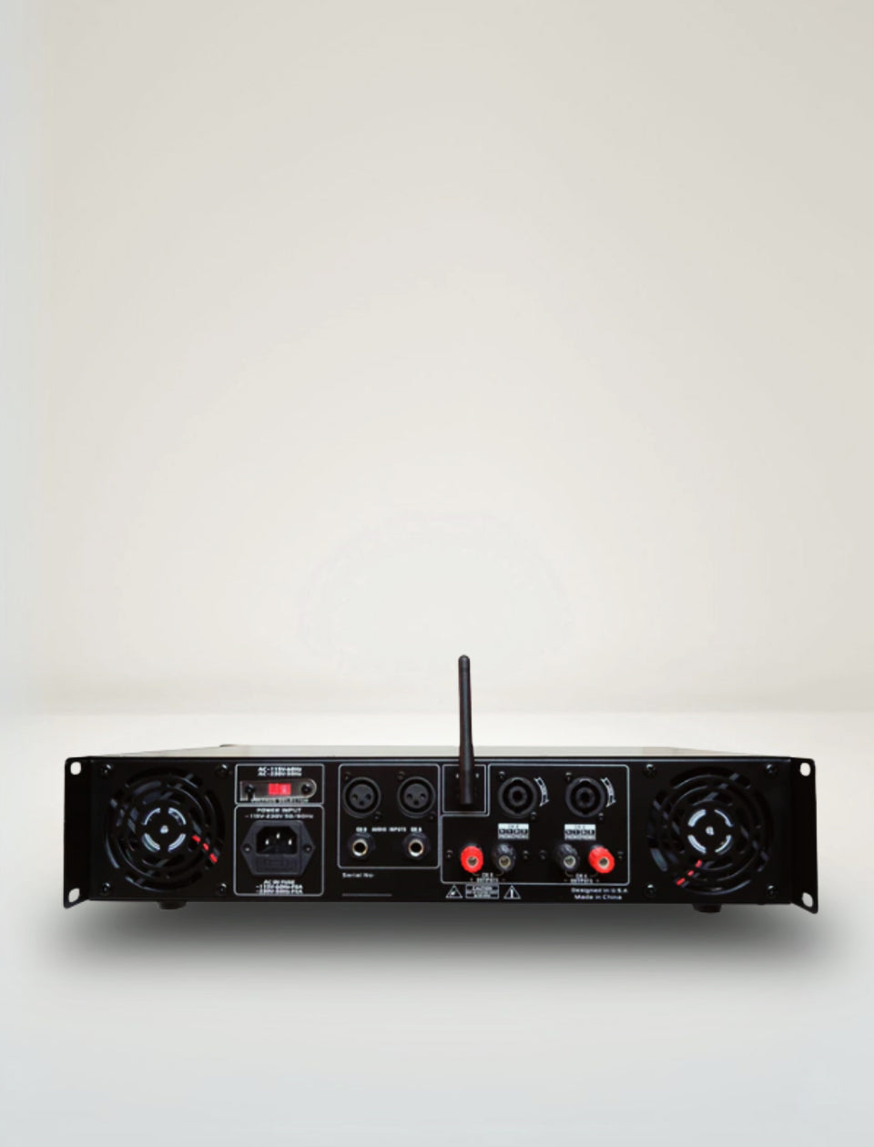 Rear view of MR DJ AMP2000DSP 2Ch Class AB 2000W PA DJ Power Amplifier Onboard DSP Bluetooth USB showing connections and controls.