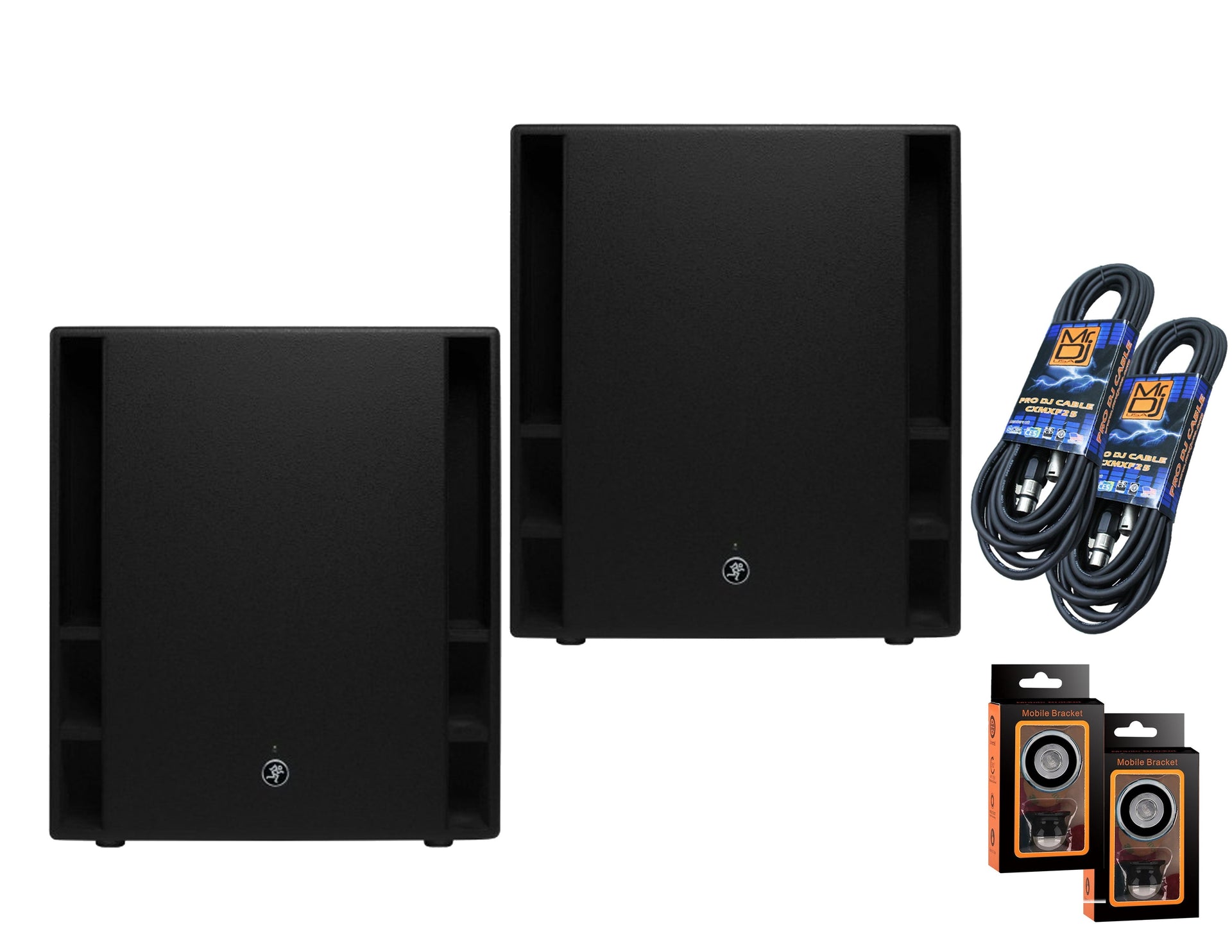 2 Mackie Thump 118S 1400W 18" Powered PA Subwoofer+ 2 XLR Cables & Phone Holder