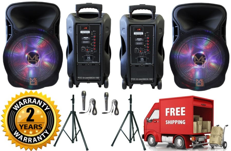 2 MR DJ DJ15-BTA 3000W Bluetooth PA DJ FM Radio Speaker Microphone, 2 Spk stands