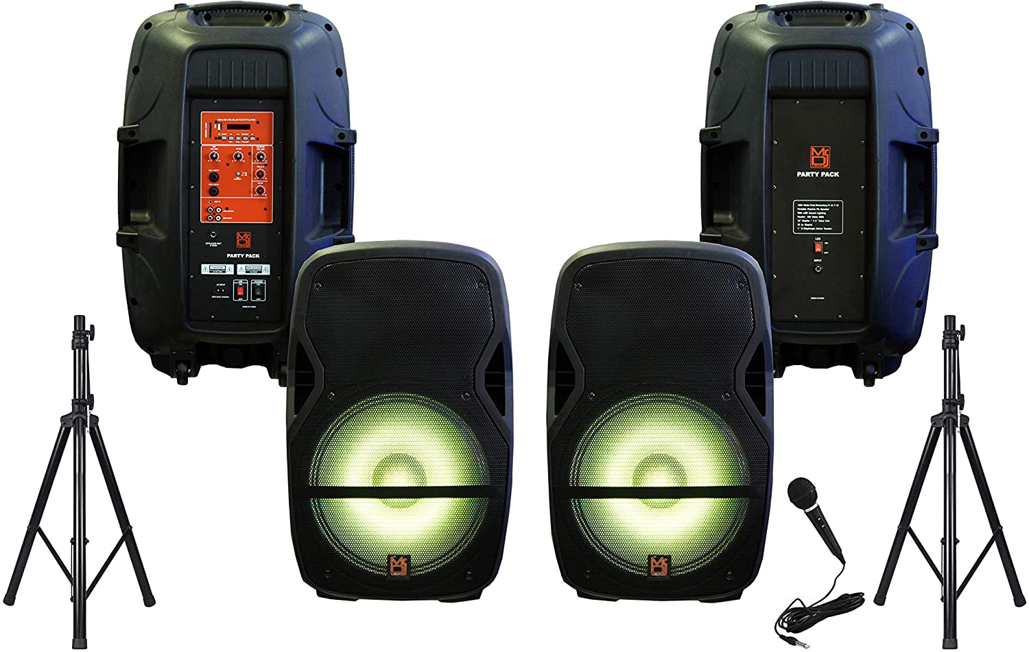 Mr Dj PARTY PACK Pair 15" 4000W Powered Passive PA DJ Speakers Active Speaker Stands