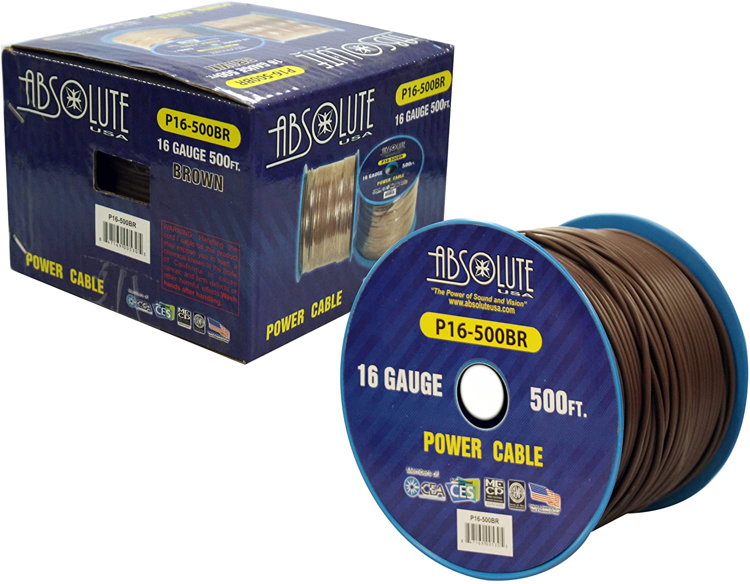 Absolute USA P16-500BR 16 Gauge 500FT Primary Power & Remote Wire – Brown