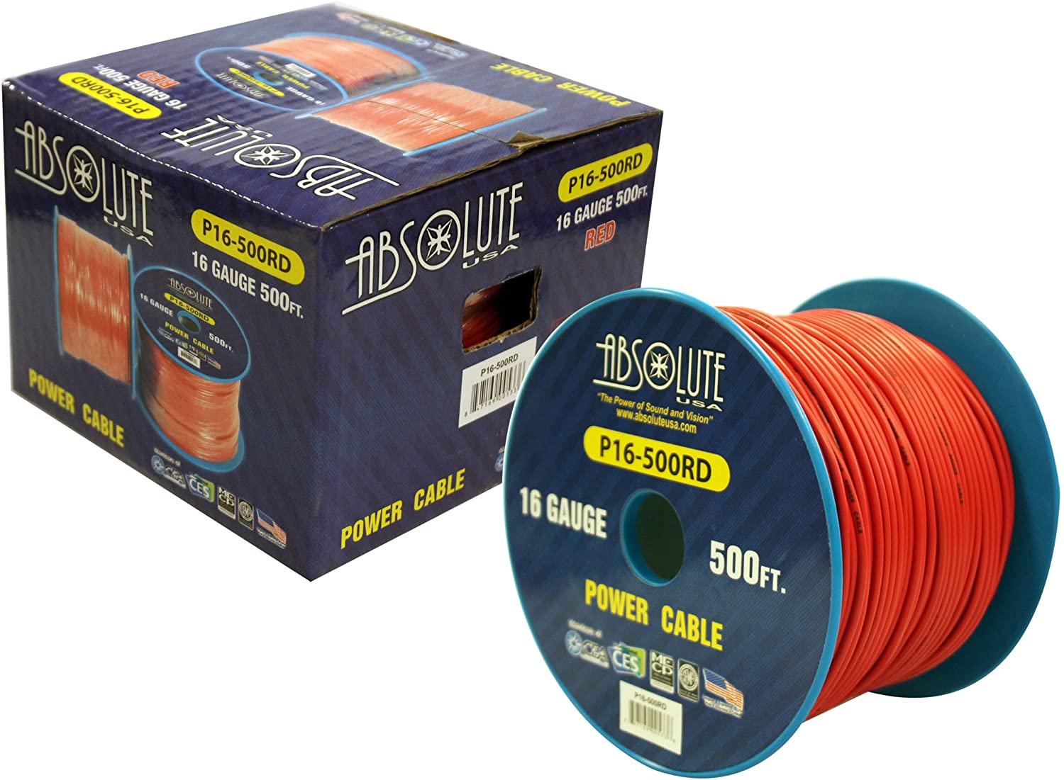 Absolute USA P16-500RD 16 Gauge 500FT Primary Power & Remote Wire – Red