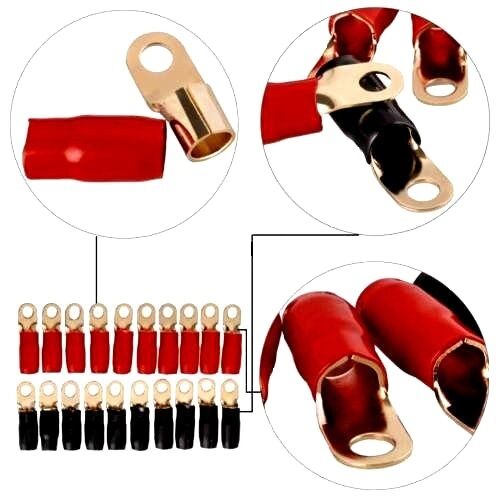 XP Audio XRT0G-20RB 1/0 Gauge Gold Ring Terminal 20 Pack 1/0 AWG Wire Crimp Cable- Red/Black Boots 5/16"